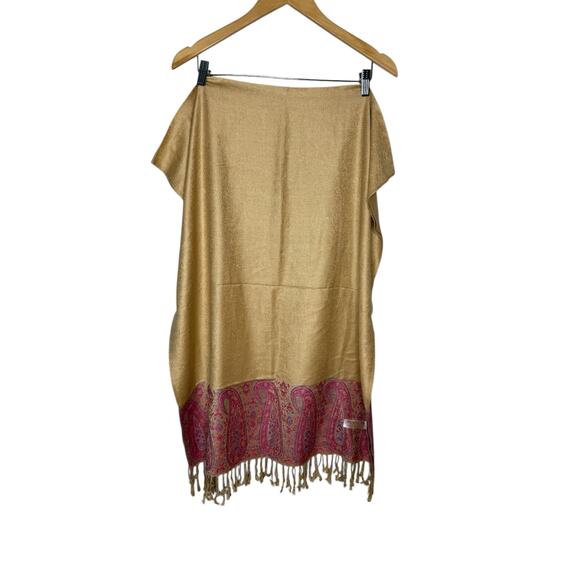 Pashmina Silk blend shawl scarf. Tan and Pink motif - Picture 5 of 7